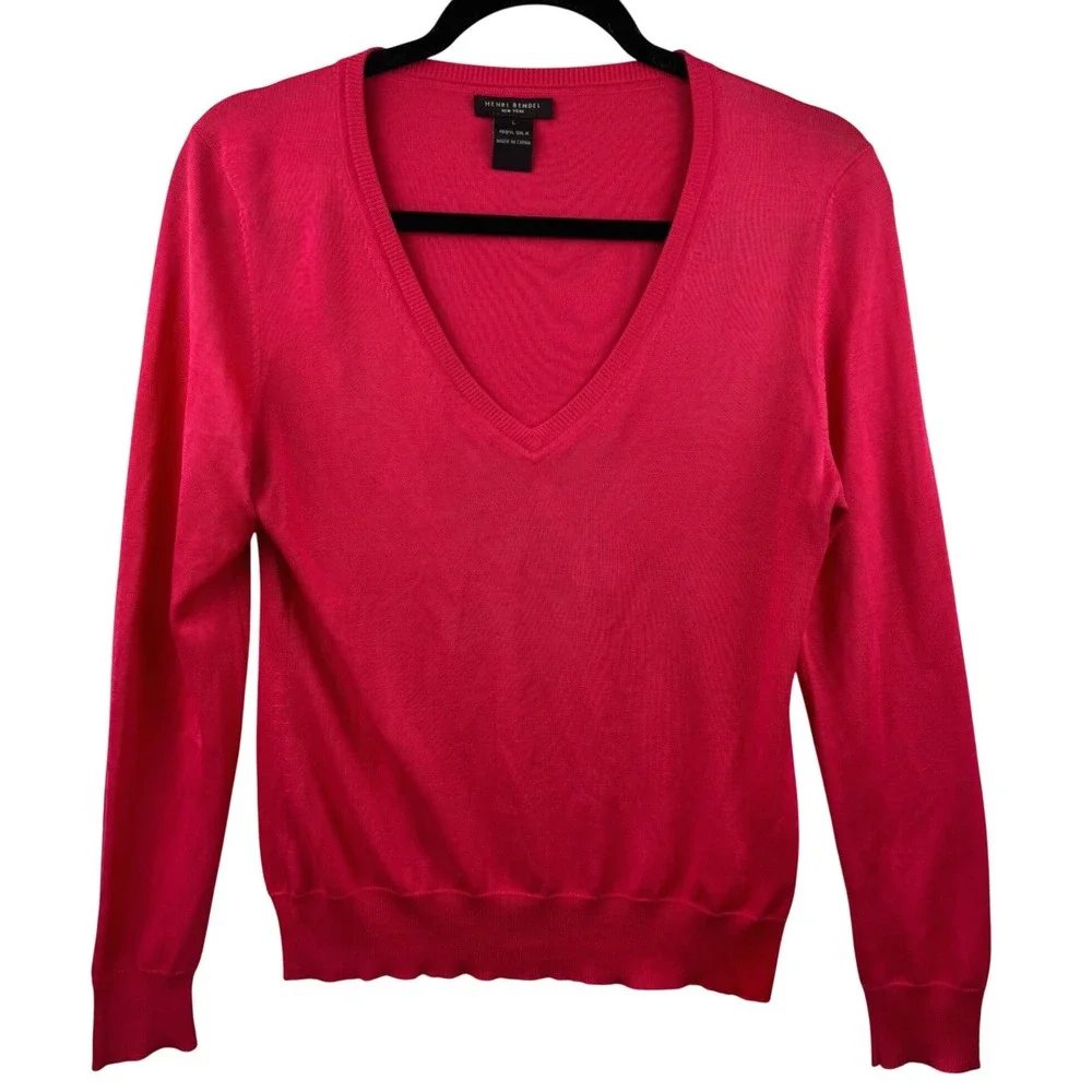 Henri Bendel V-Neck Sweater Womens Large Red Pink 100% Silk Fine Knit Luxury